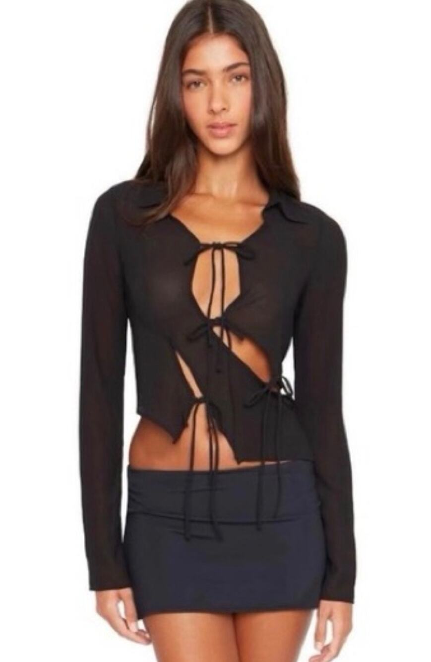 DANIELLE GUIZIO NY Sheer Long Sleeve Tie Top Black Sz Small